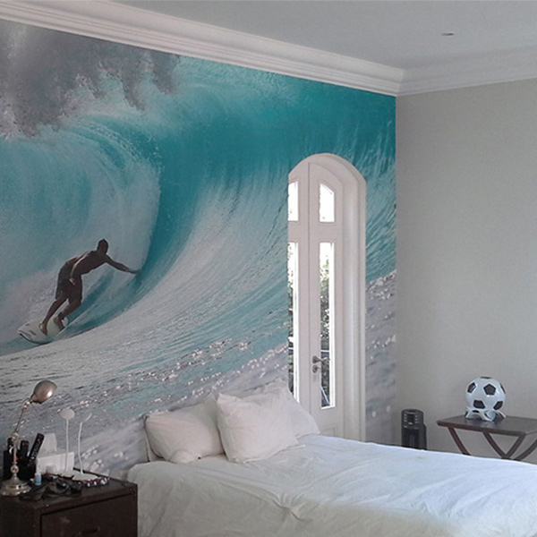 bedroom wallpaper of surfer riding a barreling wave