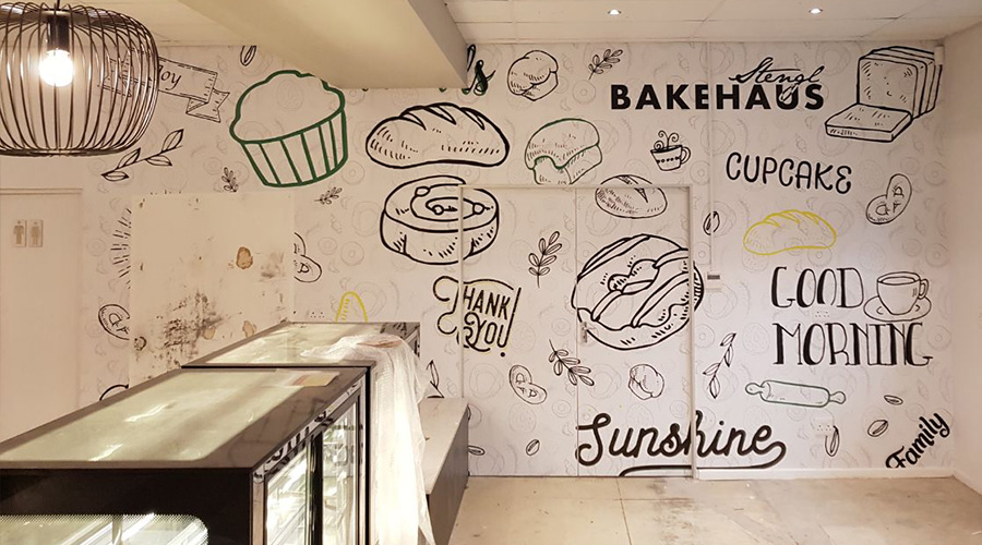 lighthearted and funky wallpaper design in cafe or morning eatery