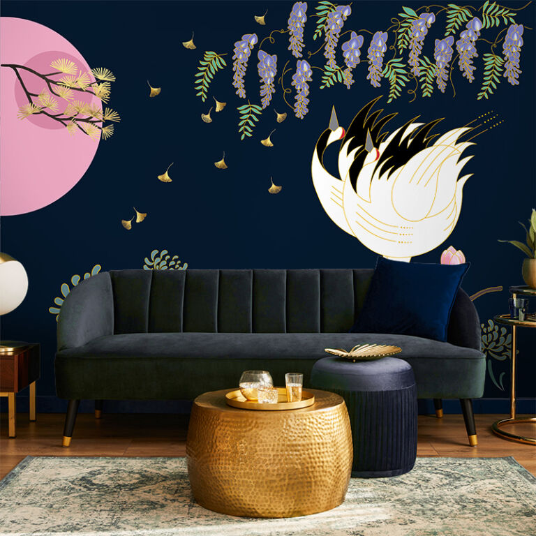 Sunset Deco Cranes Mural - Robin Sprong Wallpapers