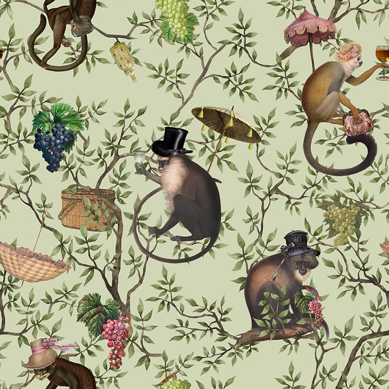 Vintage Monkey Party Chinoiserie Green Fabric - Image 2