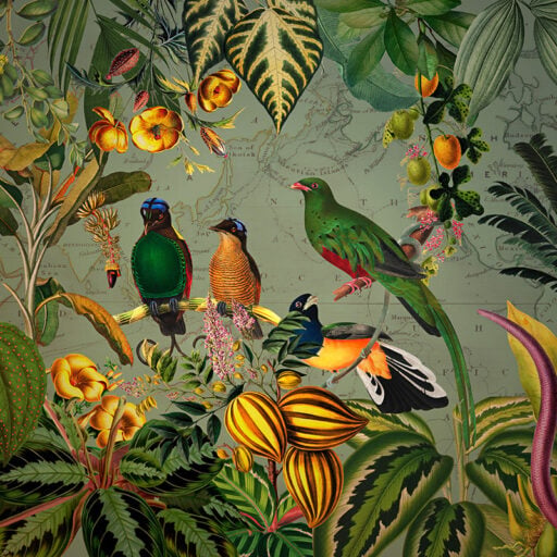 Alternative view of Green Tropical Birds with Yellow Flowers Mural