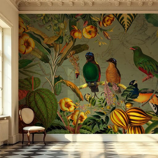Green Tropical Birds with Yellow Flowers Mural