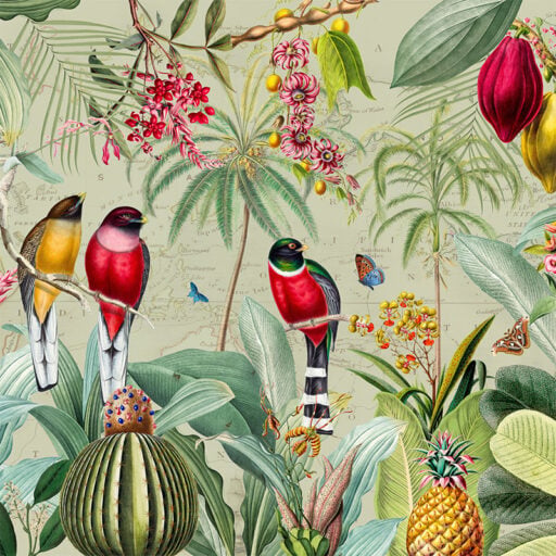 Alternative view of Red Tropical Birds with Fruit and Flowers Mural