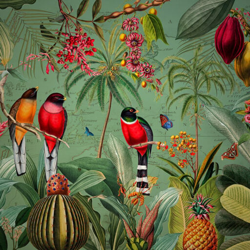 Alternative view of Red Tropical Birds with Fruit and Flowers - Darker Mural