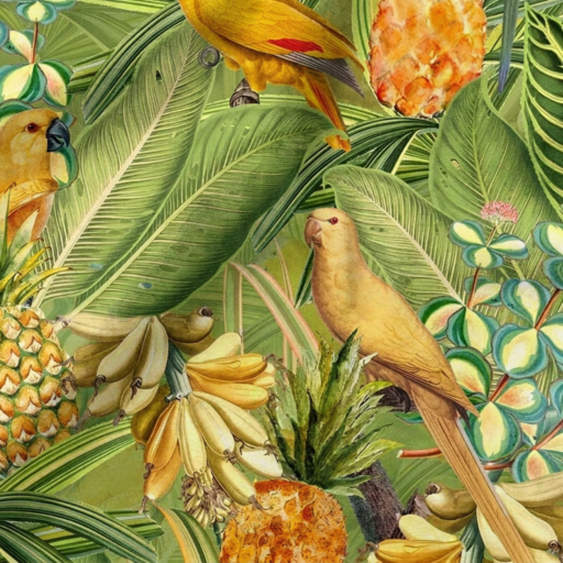 Colorful Birds in Jungle with Bananas Fabric