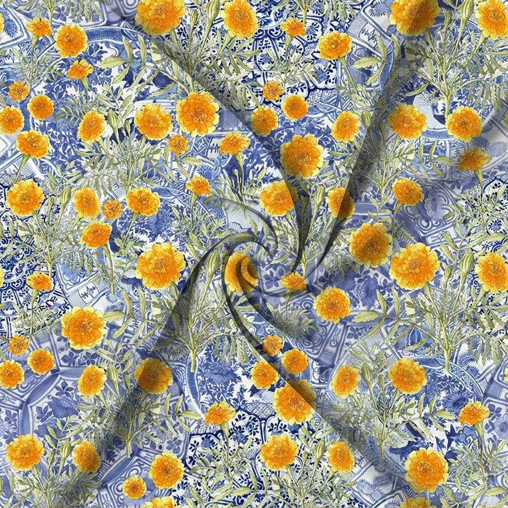 Marigold Blooms on Blue Delft Fabric