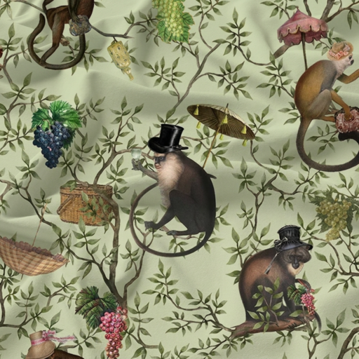 Vintage Monkey Party Chinoiserie Green Fabric