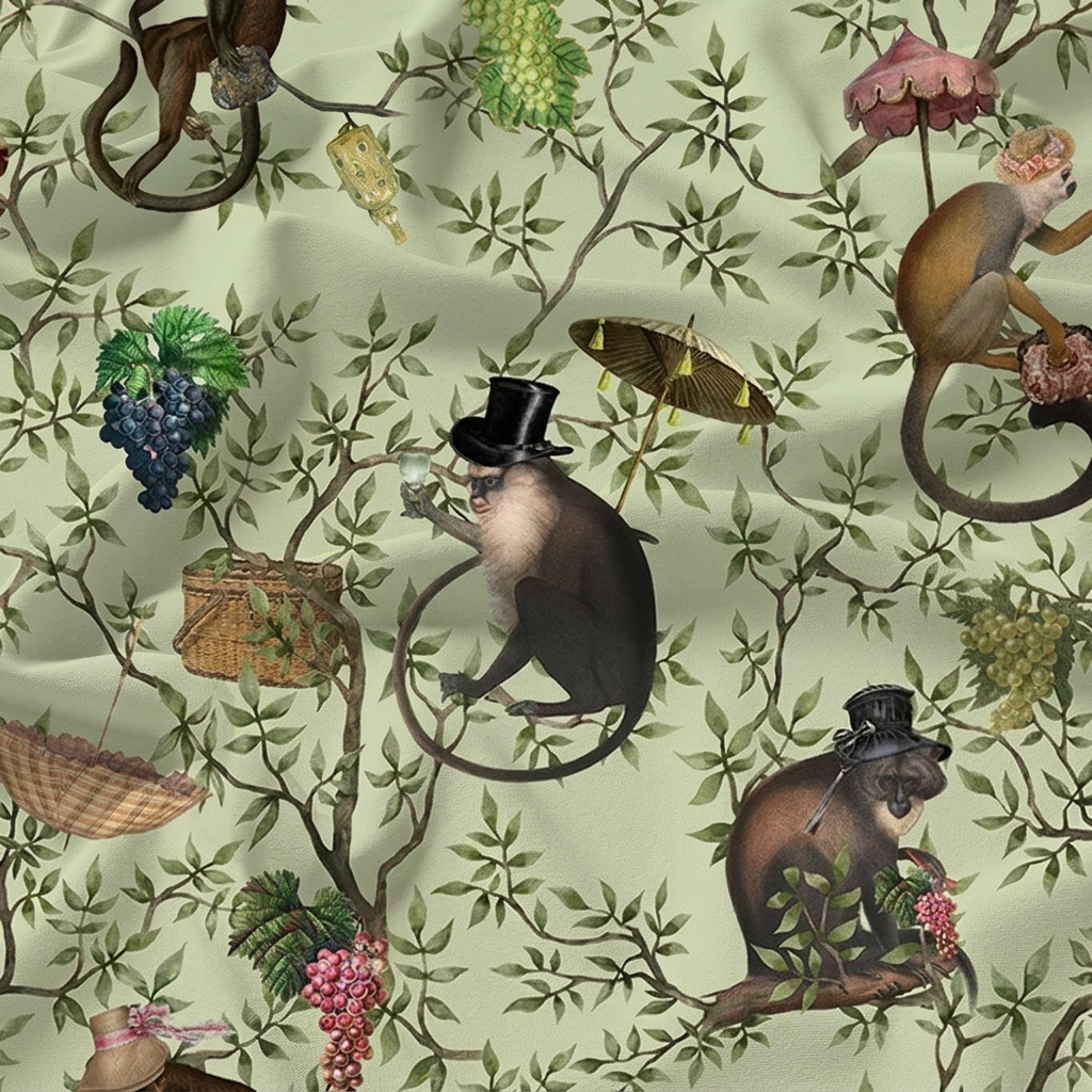 Vintage Monkey Party Chinoiserie Green Fabric