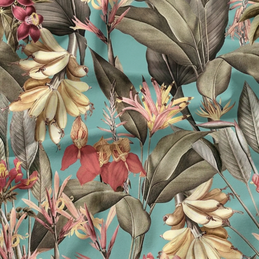 Vintage Sepia Exotic Banana Jungle Blue Fabric